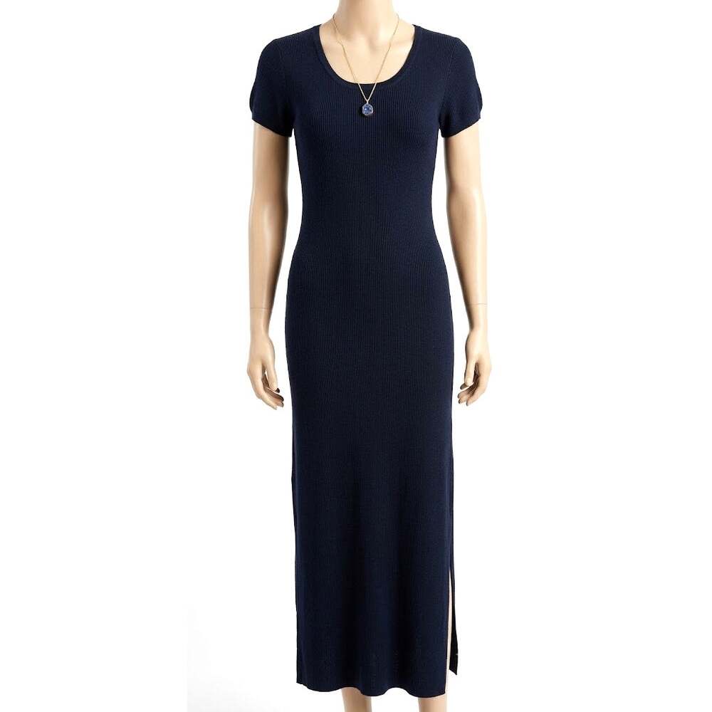 Adrienne Vittadini Knit Maxi Dress Short Sleeve Navy Blue Scoop Neck Small